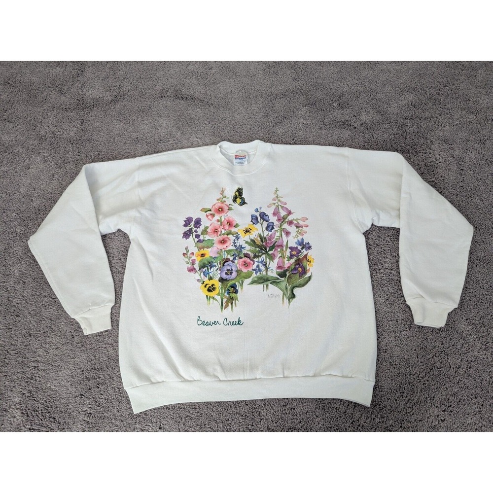 Vintage Hanes Sweater Women Extra Large White Pullover Flower Print Beaver Creek